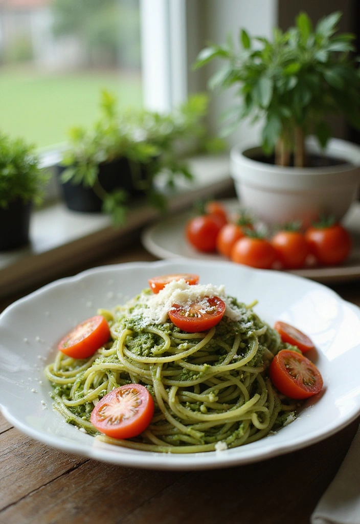 7 Quick Spaghetti Recipes for Busy Parents: Dinner in 30 Minutes or Less! - 4. Pesto Spaghetti with Cherry Tomatoes