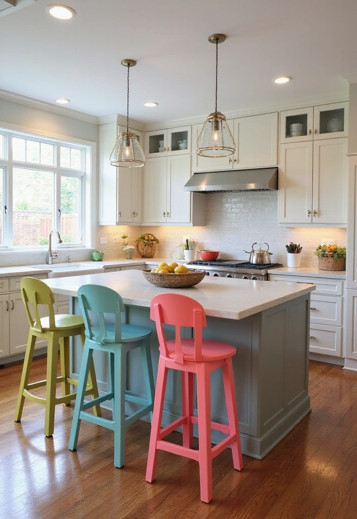 15 Colorful Kitchen Ideas That Will Make Cooking a Joy (You Won't Believe #8!) - 15. Multi-Colored Bar Stools for a Fun Twist