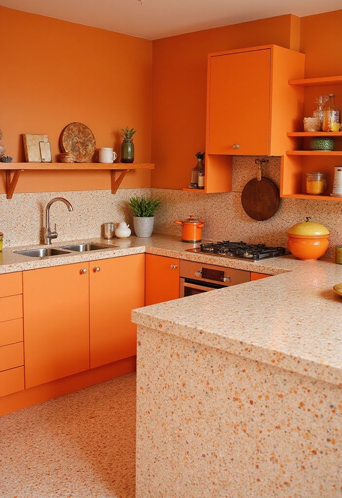 25 Vibrant Colored Countertops That Will Make Your Kitchen Pop (Check Out #15 for a Surprise!) - 8. Bright Orange Terrazzo