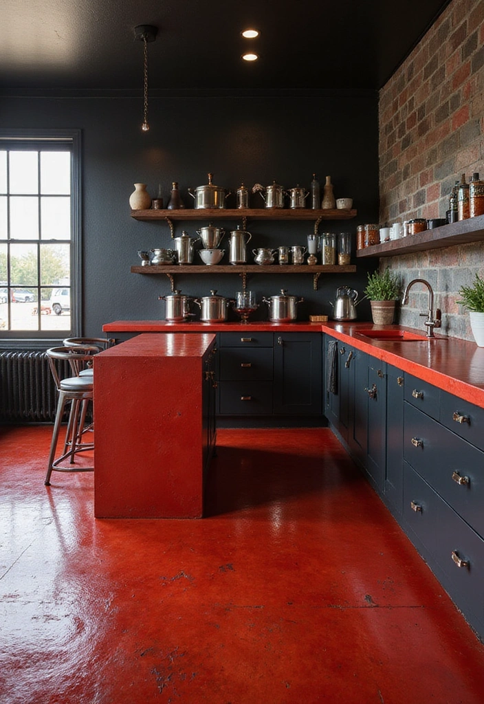 25 Vibrant Colored Countertops That Will Make Your Kitchen Pop (Check Out #15 for a Surprise!) - 4. Fiery Red Concrete