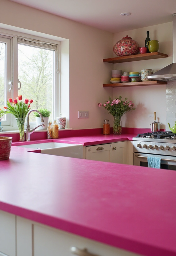 25 Vibrant Colored Countertops That Will Make Your Kitchen Pop (Check Out #15 for a Surprise!) - 16. Bright Raspberry Solid Surface