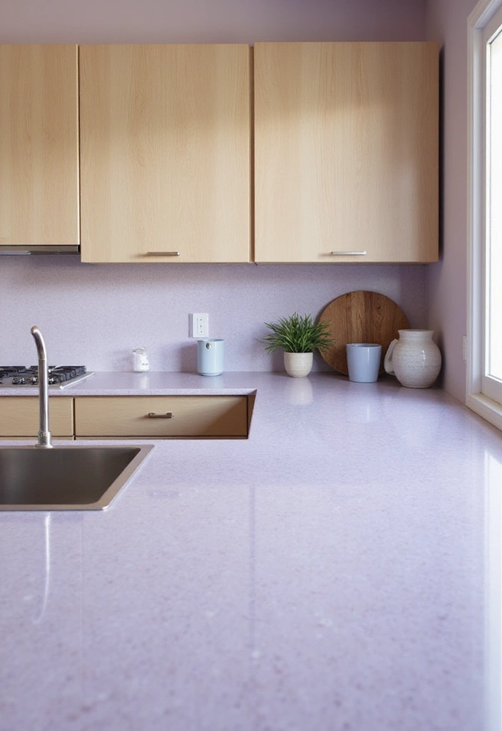 25 Vibrant Colored Countertops That Will Make Your Kitchen Pop (Check Out #15 for a Surprise!) - 17. Soft Lavender Quartz