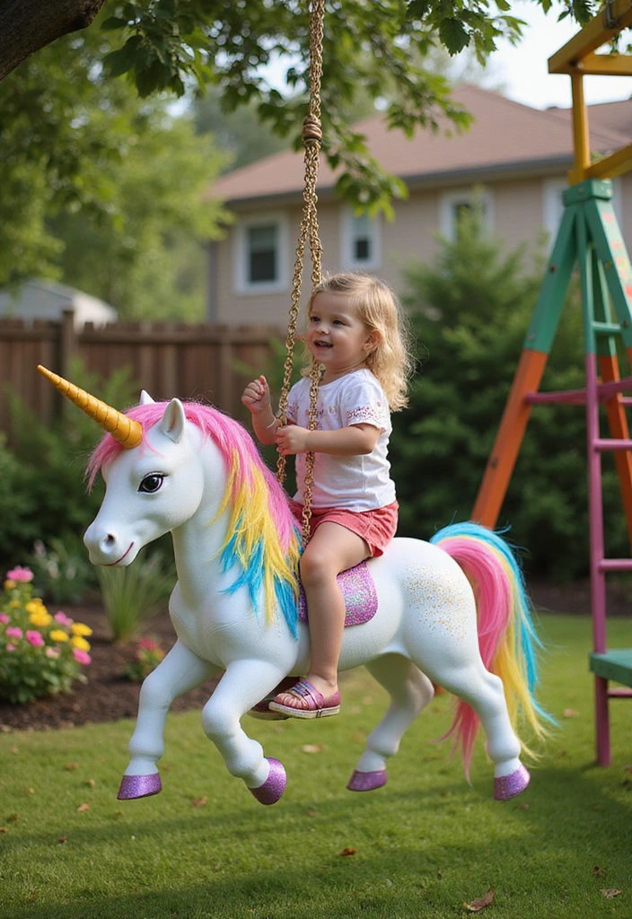 7 Magical Unicorn Swing Chairs Perfect for Your Backyard Oasis (Your Kids Will Love #3!) - 7. Rainbow Unicorn Swing with Glitter