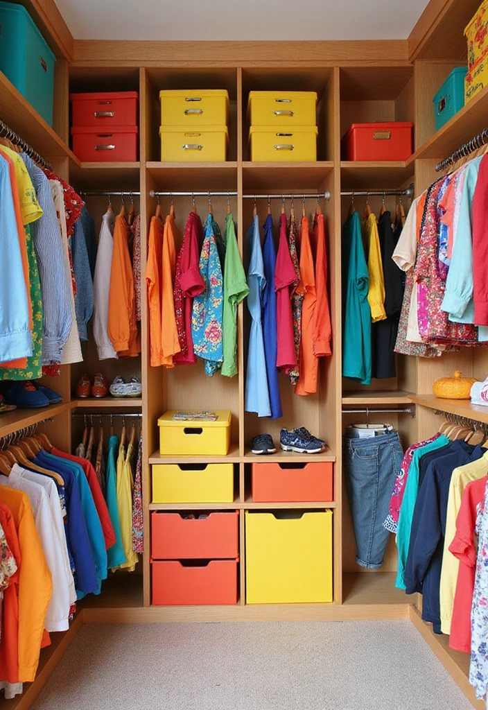 21 Colorful Walk-in Wardrobe Designs That Reflect Your Unique Style! - 20. Colorful Storage Solutions