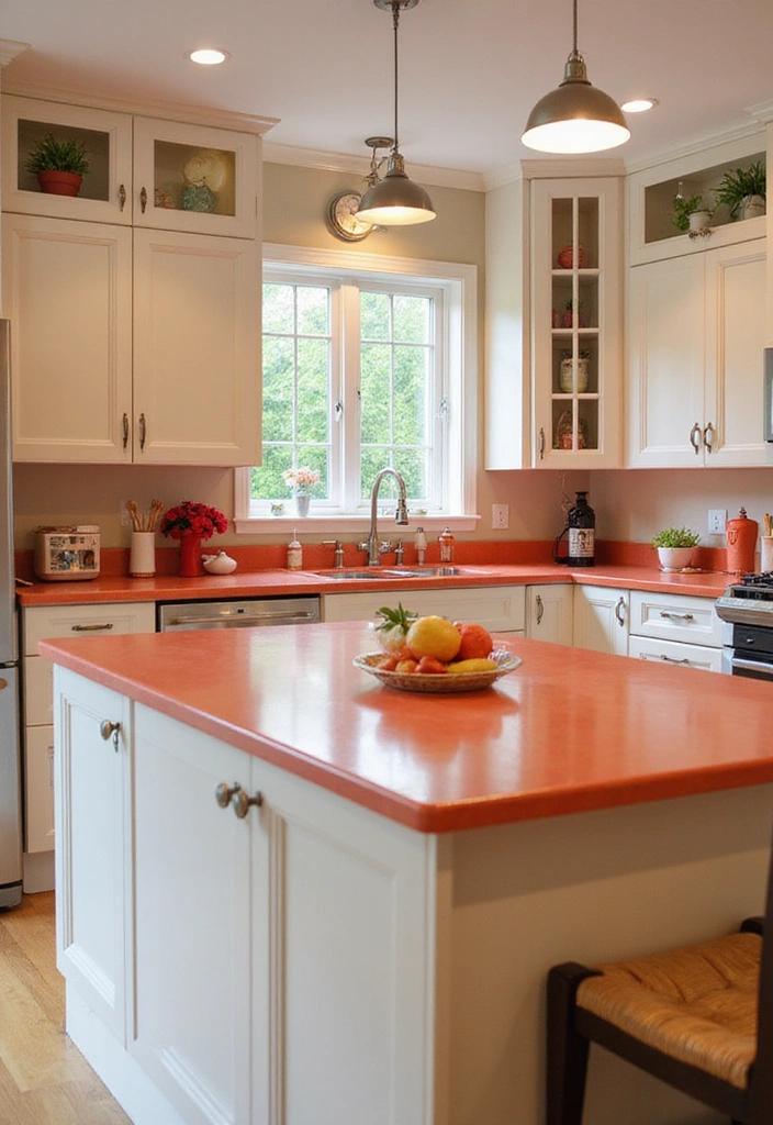 25 Vibrant Colored Countertops That Will Make Your Kitchen Pop (Check Out #15 for a Surprise!) - 6. Warm Coral Solid Surface