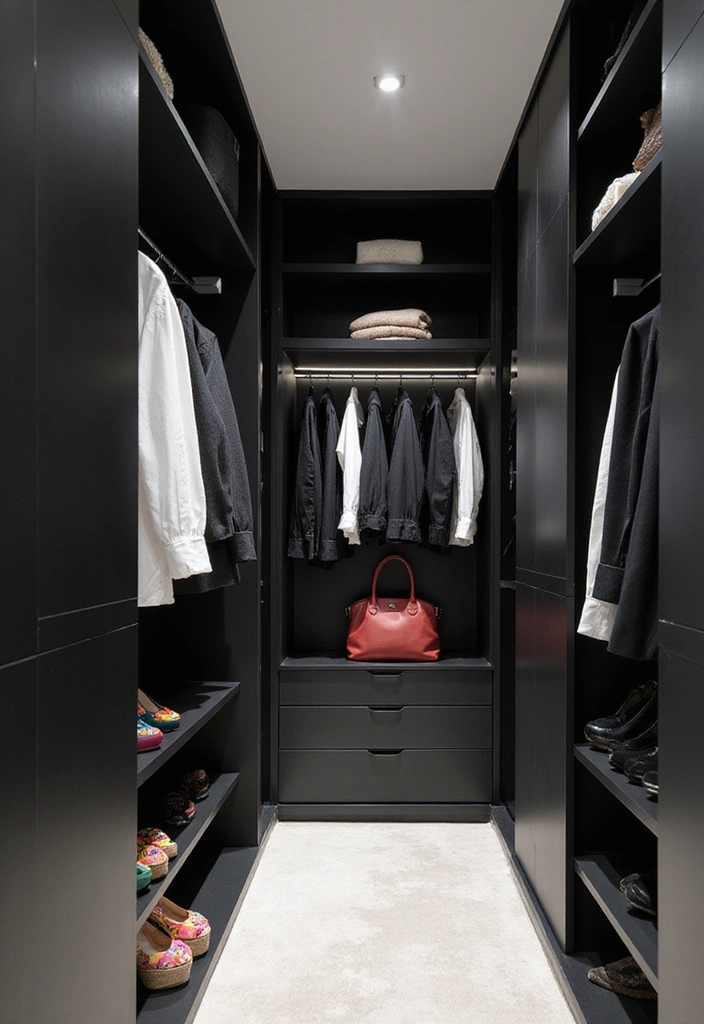 21 Colorful Walk-in Wardrobe Designs That Reflect Your Unique Style! - 6. Monochrome Magic with a Twist