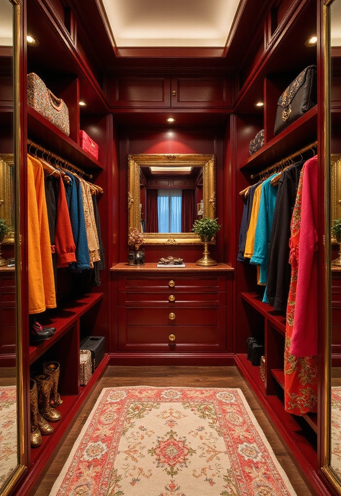 21 Colorful Walk-in Wardrobe Designs That Reflect Your Unique Style! - 19. Glamorous Gold and Color
